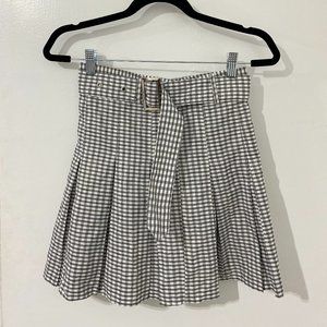 White/Black Check Print Belted Mini Skirt